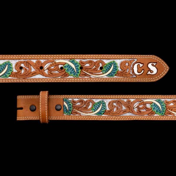 Bring back Retro-Western Style with the stunning Southern Willow Leather Belt. This Custom Belt features Hand-Painted letters on the Back and tip to customize with your name, initals or lettering of choice. The bright colors on the base, green leaves and 